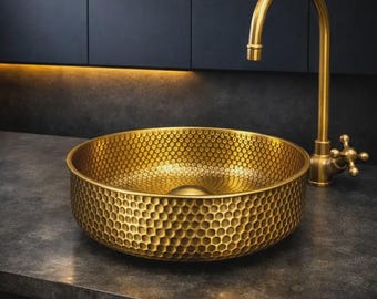 Hand Hammered Brass Vessel Sink, Moroccan Farmhouse Honeycomb Bathroom Basin, Solid Brass Washbasin