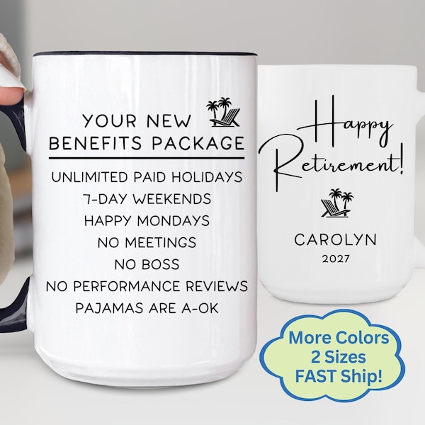 Taza de café personalizada con diseño divertido para jubilación, nuevo paquete de beneficios.