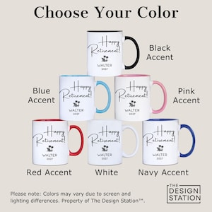 a collection of seven mugs with the text "Happy Retirement!" printed on them in various colors.