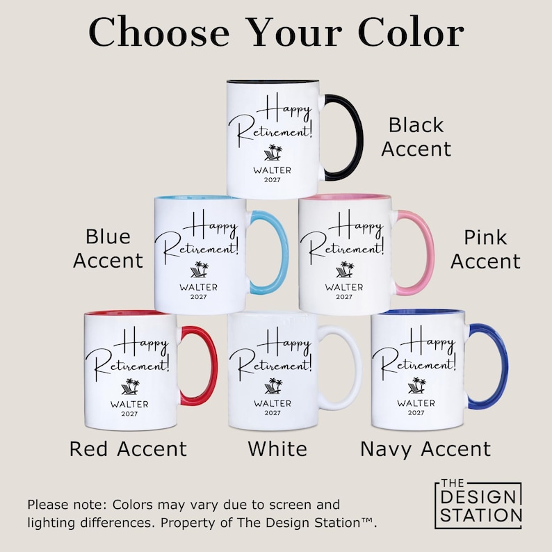 a collection of seven mugs with the text "Happy Retirement!" printed on them in various colors.
