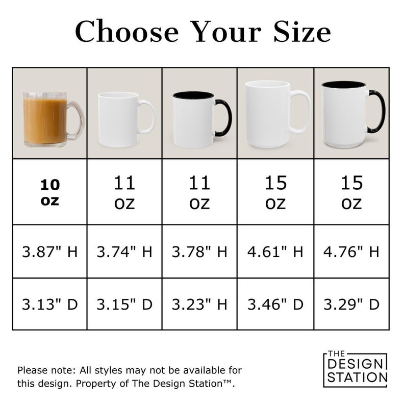 a series of different sizes of mugs, ranging from 10 oz to 3.29 oz.