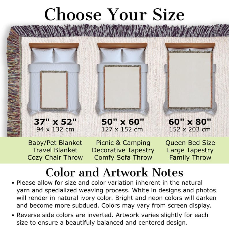 three different sizes of blankets, each with a corresponding description of the blanket size and color variation.