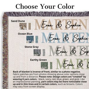 image shows sample of four color choices, and this text: Back of blanket is inverse of front, similar to a photo negative. Fabric patches are from photos showing above color options in a 1 inch square in a finished blanket. Please note: Design colors are “created” by weaving 6 yarn colors - black, ivory, red, blue, green, and gold. Yarn colors may be more noticeable close up and in thin lines and in certain colors, such as browns. Colors may vary from screen display.