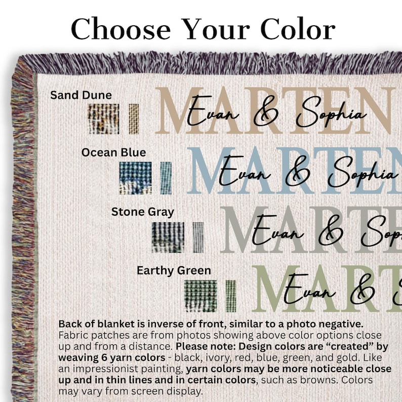 image shows sample of four color choices, and this text: Back of blanket is inverse of front, similar to a photo negative. Fabric patches are from photos showing above color options in a 1 inch square in a finished blanket. Please note: Design colors are “created” by weaving 6 yarn colors - black, ivory, red, blue, green, and gold. Yarn colors may be more noticeable close up and in thin lines and in certain colors, such as browns. Colors may vary from screen display.