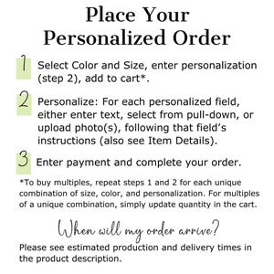 The image is a step-by-step guide for placing a personalized order. It provides instructions on how to customize a product, including selecting a color and size, personalizing the order, and entering payment information. The guide also mentions that when the order arrives, the user should see estimated production and delivery times in the product description.
