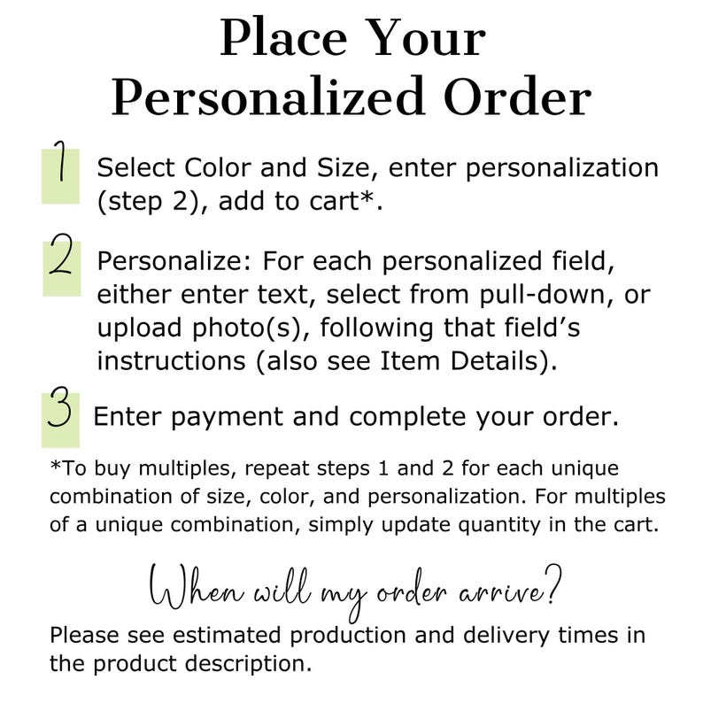 The image is a step-by-step guide for placing a personalized order. It provides instructions on how to customize a product, including selecting a color and size, personalizing the order, and entering payment information. The guide also mentions that when the order arrives, the user should see estimated production and delivery times in the product description.