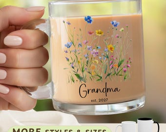 Personalized New Grandma Mug, Boho Flowers, Pregnancy Announcement
