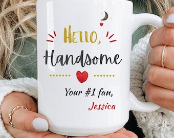 Taza de café romántica personalizada "Hola Guapo" para novio de San Valentín