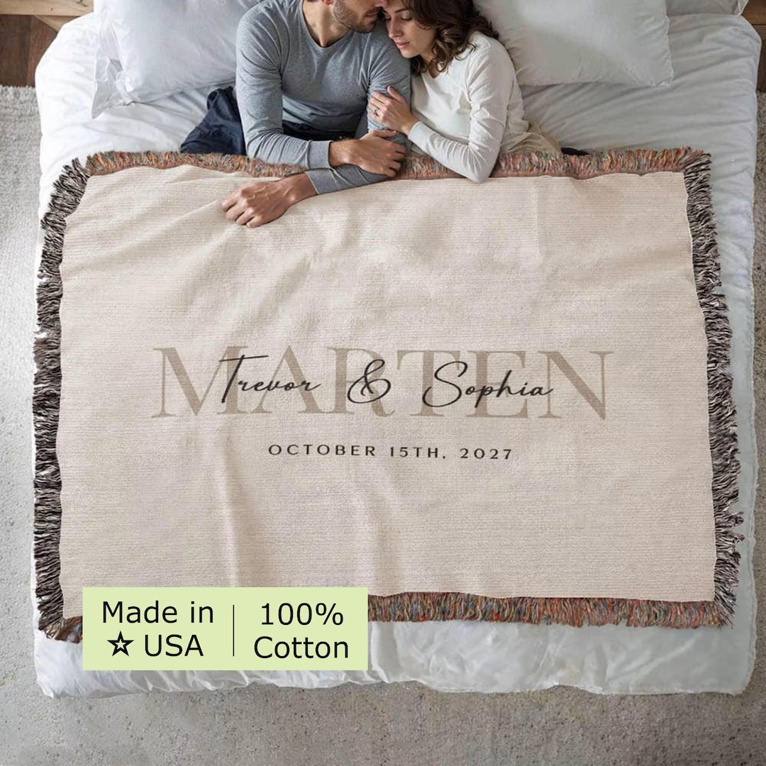 Custom Wedding Gift Cotton Anniversary Throw Personalized Blanket for Bridal Shower Present, Couple Names