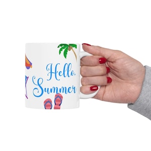 Hello Summer Mug – Beach Coffee Cup with Palm Trees & Flip Flops, Tropical Vacation Gift