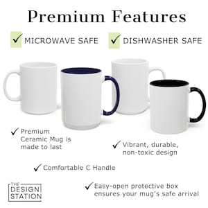 a collection of four ceramic mugs, each with different features highlighted in text. The mugs are labeled as "Premium Features" and "Premium Mugs", indicating their high quality and durability. The mugs are described as "Microwave Safe", "Dishwasher Safe", "Vibrant, durable, non-toxic design", and "Comfortable C Handle". The image also includes a "Design Station" logo, suggesting that these mugs are part of a brand or product line.