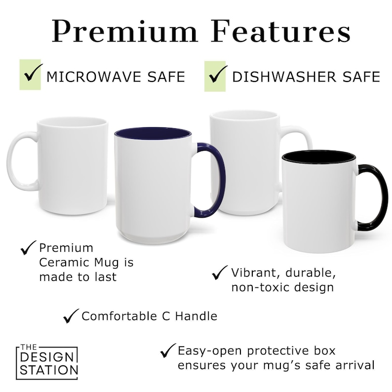 a collection of four ceramic mugs, each with different features highlighted in text. The mugs are labeled as "Premium Features" and "Premium Mugs", indicating their high quality and durability. The mugs are described as "Microwave Safe", "Dishwasher Safe", "Vibrant, durable, non-toxic design", and "Comfortable C Handle". The image also includes a "Design Station" logo, suggesting that these mugs are part of a brand or product line.