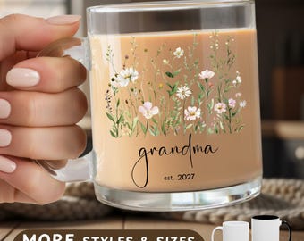 Personalized New Grandma Mug, Pastel Wildflowers, Pregnancy Announcement Gift