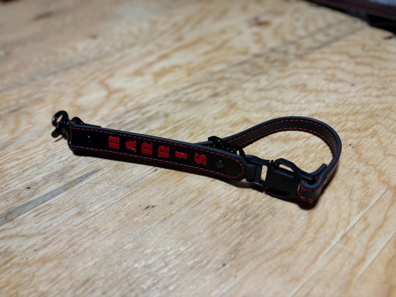 May include: Black leather camera strap with red stitching and the word "BARR-K" embroidered in red.