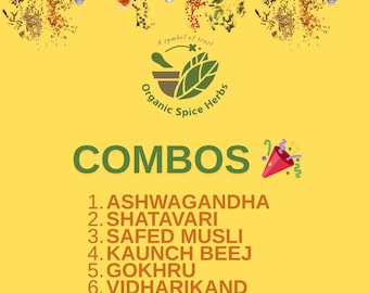 Safed Musli, Ashwagandha, Shatavari, Kaunch Beej, Gokhru, Vidharikand Combo Pack, Organic Spice Herb