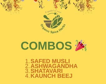 Ashwagandha, Shatavari, Safed-musli, Konch Beej, Kaunch Beej, Satawer, White Musli, Ashwangdh-poedercombinatie, biologische kruiden