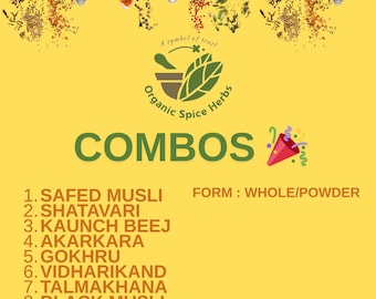 Safed Musli, Shatavari, Kaunch Beej, Akarkara, Gokhru, Vidharikand, Black Musli, Talmakhana Combo Pack, Organic Spice Herbs