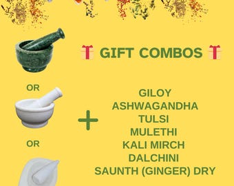 Paquete Kadha indio DRY Giloy, Ashwagandha, Tulsi, Mulethi, Kali Mirch, Dalchini, Saunth Ginger Powder 0.88 oz cada paquete combinado con mortero