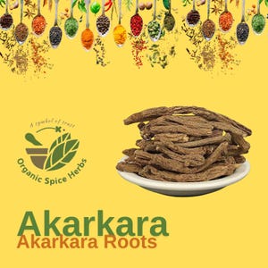 Puede incluir: Raíces de Akarakara, un tipo de hierba seca, apiladas en un plato blanco. Las raíces son marrones y tienen una textura rugosa. El plato está sobre un fondo amarillo. El texto "Akarakara Akarakara Roots" está debajo del plato.