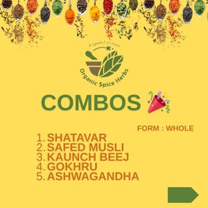 Shatavar, Safed Musli, Kaunch Beej, Gokhru, Ashwagandha Combo Pack, Organic Spice Herbs