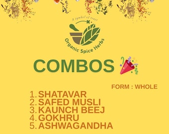 Shatavar, Safed Musli, Kaunch Beej, Gokhru, Ashwagandha Combo Pack, Organic Spice Herbs