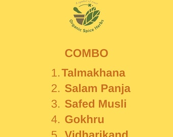 Talmakhana, Salam Panja, Safed Musli, Gokhru, Vidharikand, Pakiet Combo, Organiczne zioła przyprawowe