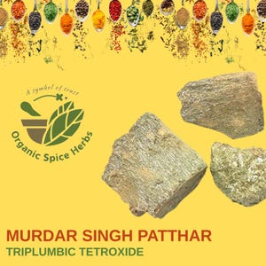 May include: Three pieces of gray rock, known as Murdar Singh Patthar, or triplumbic tetroxide, on a yellow background. The text "A symbol of trust" is in a green circle with a mortar and pestle and leaves. The text "Organic Spice Herbs" is below the circle.