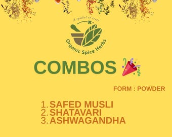 Safed Musli, Shatavari, Ashwagandha Pulver Kombipackung, Bio-Gewürzkräuter