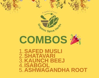 Shatavari, Kaunch Beej, Isabgol, Ashwagandha Wurzel, Safed Musli Kombipackung, Bio-Gewürzkräuter
