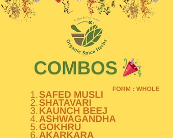Ashwagandha, Shatavari, Safed Musli, Kaunch Beej, Gokhru, Akarkara Ganze Sabut-Wurzelsamenkraut-Kombipackung, Bio-Gewürzkräuter