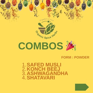 Safed Musli, Konch Beej, Ashwagandha, Shatavari, Kaunch Beej, Satawer Powder Combo Pack, Organic Spice Herbs