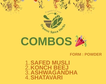 Safed Musli, Konch Beej, Ashwagandha, Shatavari, Kaunch Beej, Satawer Powder Combo Pack, Organic Spice Herbs