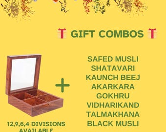 Safed Musli, Shatavari, Kaunch Beej, Akarkara, Gokhru, Vidharikand, Talmakhana, Black Musli Powder 25 Gram each Combo Pack With Gift Box
