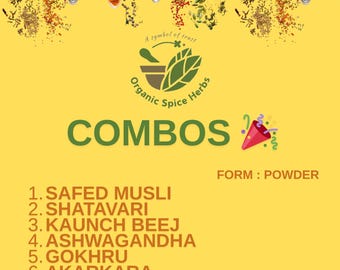 Ashwagandha, Shatavari, Safed Musli, Kaunch Beej, Gokhru, Akarkara Powder Root Seed herb Combo Pack, Organic Spice Herbs