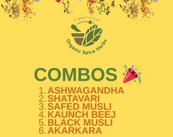 Ashwagandha, Shatavari, Safed Musli, Kaunch Beej, Black Musli, Akarkara Combo Pack, Organic Spice Herbs