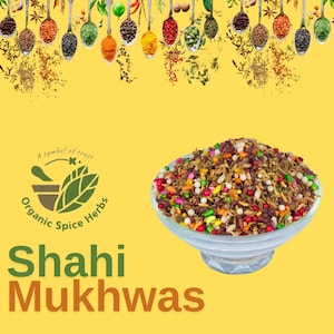 May include: A bowl of colorful Shahi Mukhwas, a traditional Indian snack, with a variety of ingredients including nuts, seeds, and spices. The bowl is on a yellow background with a logo that says "A symbol of trust, Organic Spice Herbs".