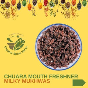 May include: A bowl of brown, crunchy,  chuara mouth freshener, also known as milky mukhwas. The bowl is on a yellow background with a logo that says "A symbol of trust, Organic Spice Herbs".