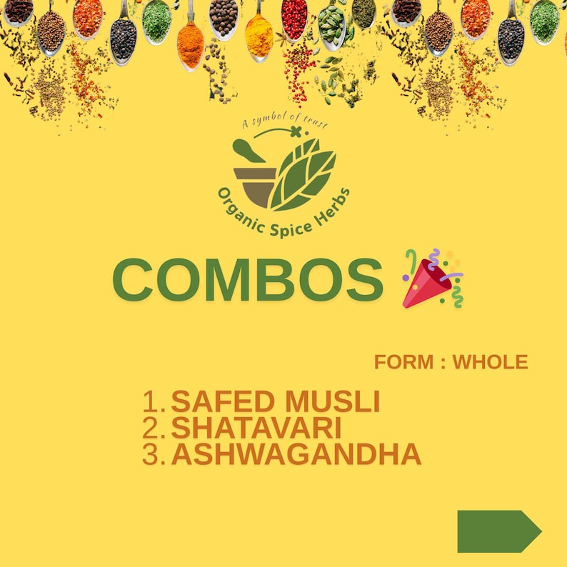 K&ouml;nnte beinhalten: Eine gelbe Grafik, die Bio-Gew&uuml;rz-Kr&auml;uter-Kombinationen bewirbt. Das Bild zeigt ein Logo mit M&ouml;rser und St&ouml;&szlig;el und dem Text "Organic Spice Herbs". Das Wort "COMBOS" steht in gro&szlig;en gr&uuml;nen Buchstaben. Der Text listet drei Artikel auf: SAFED MUSLI, SHATAVARI und ASHWAGANDHA.