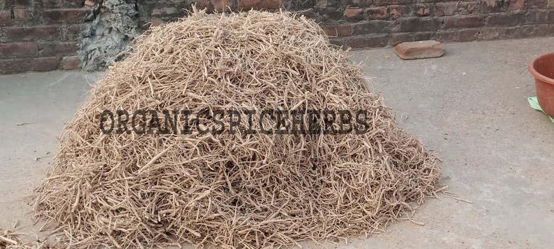 K&ouml;nnte beinhalten: Ein gro&szlig;er Haufen getrockneter, hellbrauner Wurzeln. Die Wurzeln sind miteinander verheddert und auf einer Betonfl&auml;che ausgebreitet. Der Text "ORGANICSPICEHERBS" ist in der Mitte des Bildes sichtbar.