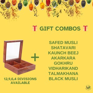 Puede incluir: Una caja de madera con tapa de vidrio, dividida en cuatro secciones, con el texto "12,9,6,4 DIVISIONS AVAILABLE" debajo. La caja est&aacute; sobre un fondo amarillo con el texto "GIFT COMBOS" arriba y una lista de ingredientes: "SAFED MUSLI, SHATAVARI, KAUNCH BEEJ, AKARKARA, GOKHRU, VIDHARIKAND, TALMAKHANA, BLACK MUSLI".