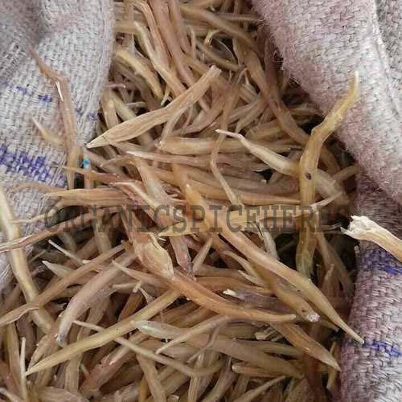 May include: Close-up of a pile of dried, light brown spice pieces, possibly ginger or a similar root. The pieces are long and thin, with a slightly curved shape. The spice is contained in a rough, beige fabric sack. The text "YOURSPICEHERE" is visible.