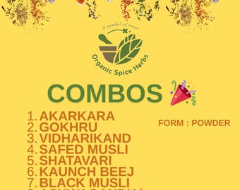 Safed Musli, Shatavari, Kaunch Beej, Akarkara, Gokhru, Vidharikand, Black Musli, Ashwagandha Powder Combo Pack, Organic Spice Herbs
