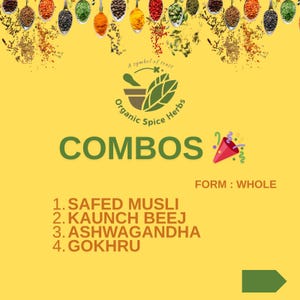 Safed Musli, Kaunch Beej, Ashwagandha, Gokhru Whole Combo Pack, Organic Spice Herbs