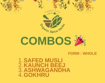 Safed Musli, Kaunch Beej, Ashwagandha, Gokhru Whole Combo Pack, Organic Spice Herbs