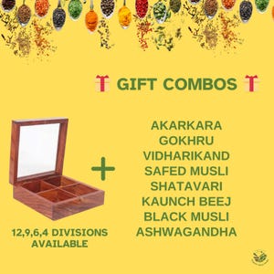 Puede incluir: Una caja de madera con tapa de vidrio y cuatro compartimentos. La caja está etiquetada "12,9,6,4 Divisiones Disponibles". El texto "GIFT COMBOS" se muestra encima de la caja. Una lista de hierbas y especias se muestra a la derecha de la caja, incluyendo: Akarkara, Gokhru, Vidharikand, Safed Musli, Shatavari, Kaunch Beej, Black Musli, Ashwagandha.