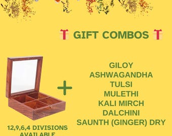 Indian Kadha Pack DRY Giloy, Ashwagandha, Tulsi, Mulethi, Kali Mirch, Dalchini, Saunth Ginger Powder 25 Gram each Combo Pack With Gift Box