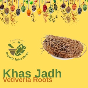 May include: A close-up of a bundle of dried vetiver roots, also known as khas jadh, on a yellow background. The roots are brown and have a tangled, fibrous texture. The image includes the text "Khas Jadh Vetiveria Roots" and a logo for "Organic Spice Herbs".