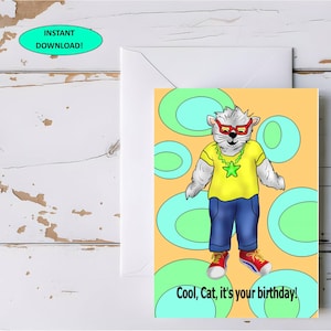 Cartão de aniversário de gato legal, 5x7 para impressão, perfeito para pré-adolescentes ou adolescentes, download digital instantâneo!