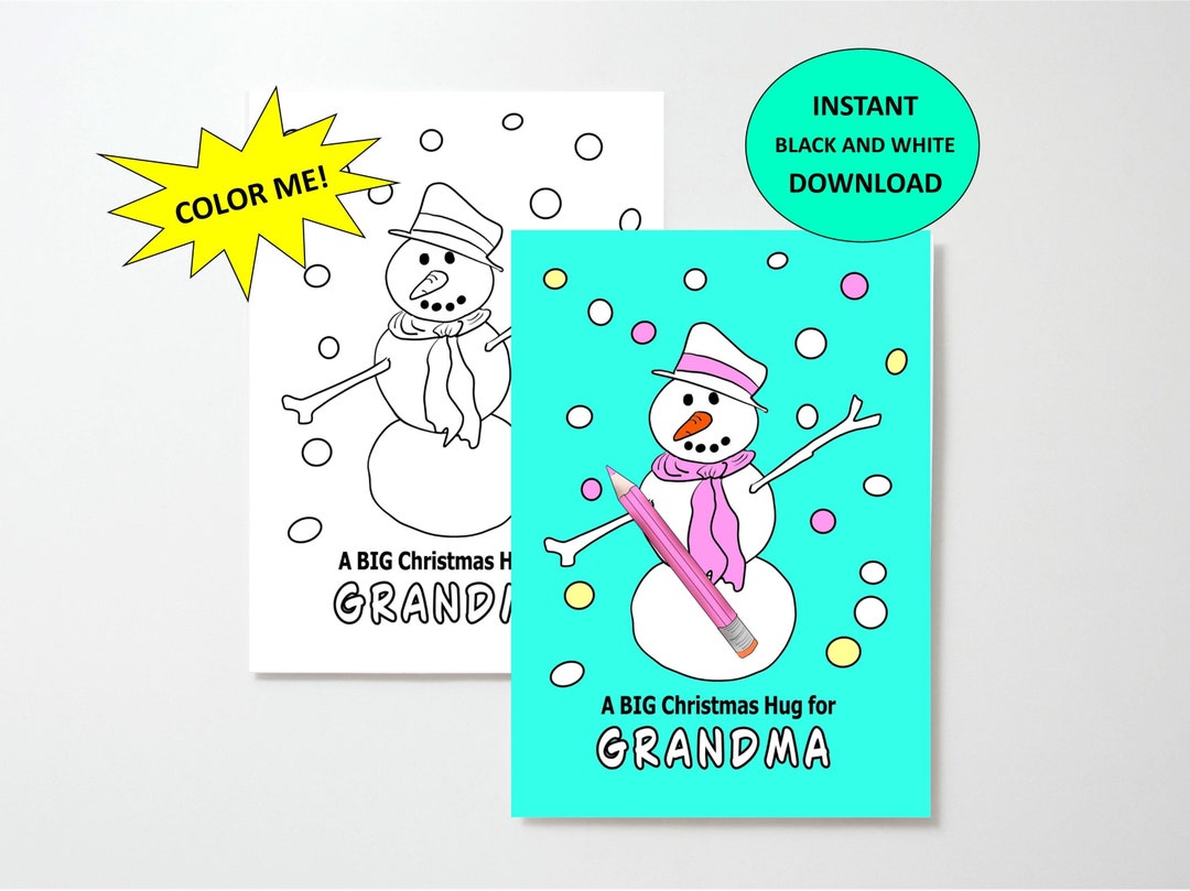 Full-size 5x7 Printable Christmas Coloring Card for Grandma, Snowman ...