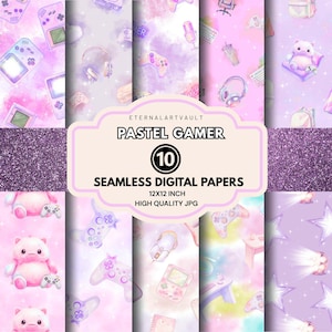 May include: A set of ten seamless digital papers with a pastel gamer theme. The papers feature illustrations of game controllers, headphones, and other gaming-related items in pinks, purples, and blues. The papers measure 30.48 x 30.48 cm.